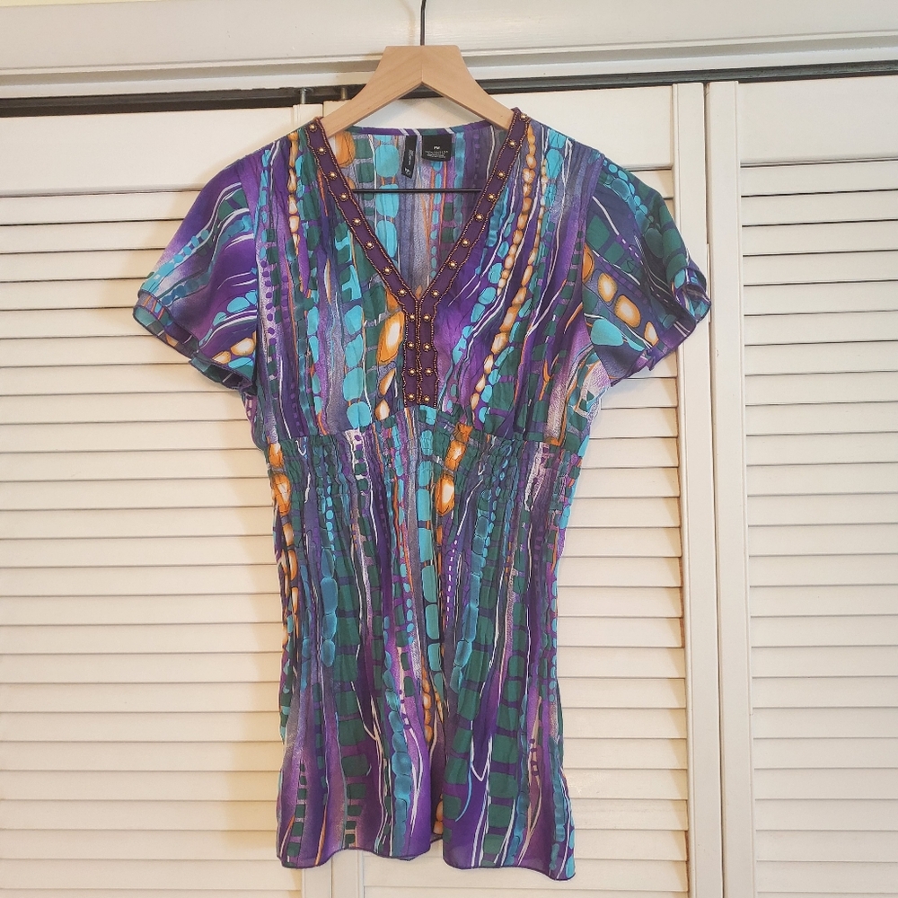 New Directions Multicolor Beaded Purple V-Neck Top with Embellishments, Size PM